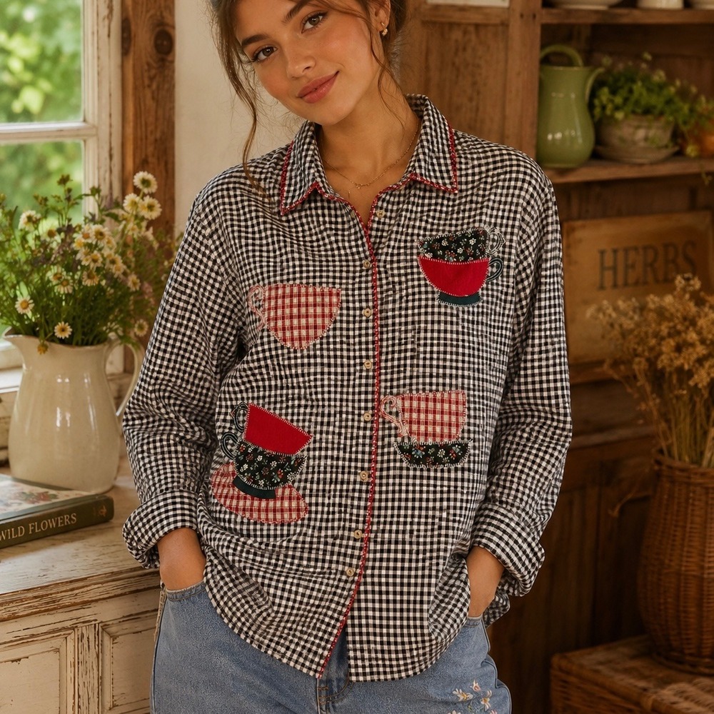 Cider Gingham Teacup Patchwork Button Down Dark Navy Red Small Cottagecore EUC